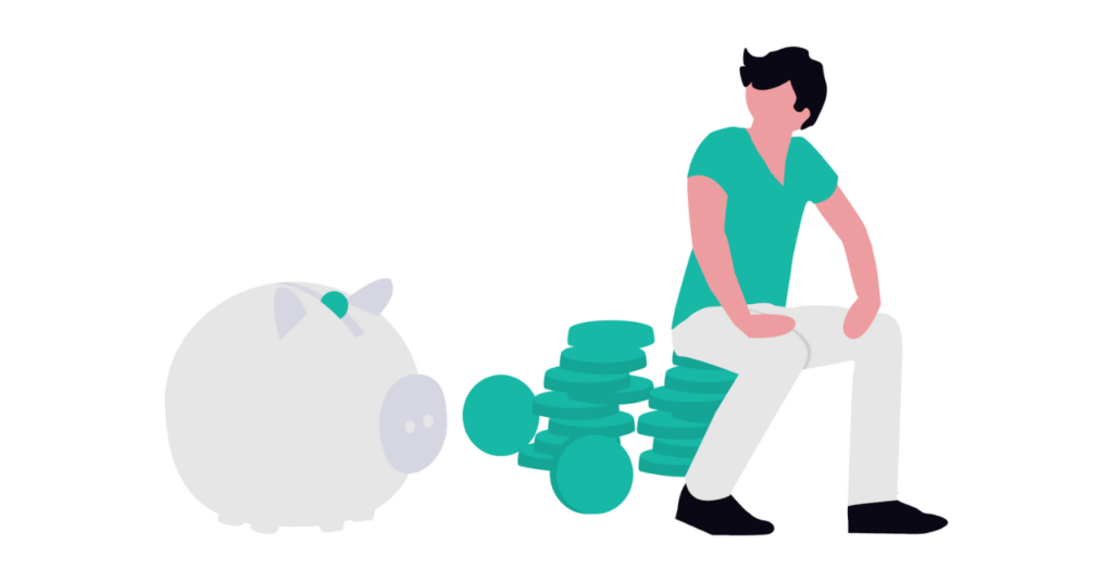ブログ運営に必要な費用や資金計画をイメージした図。貯金箱とコインの上に座る人物のイラスト。
