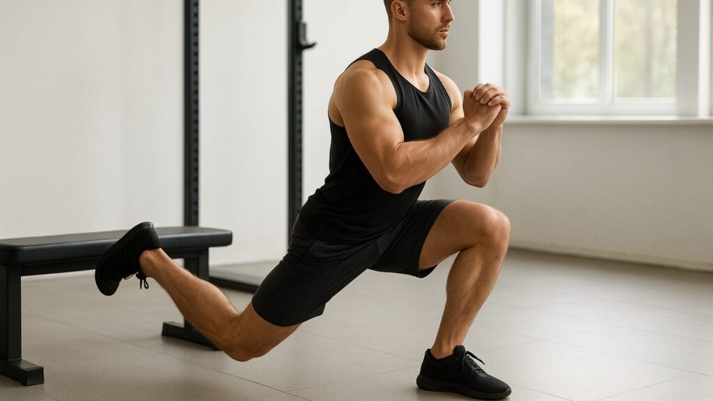 ベンチに片足を乗せ、両手を胸の前で組んでブルガリアンスクワットをする男性。