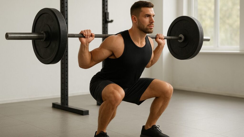 バーベルを肩に担ぎ、腰を深く落としてスクワットを行う男性。